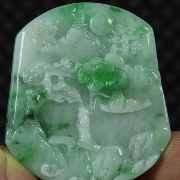 Cert'd Green 100% Natural A Jade jadeite Pendant Landscape Character 山水人物 - Picture 2 of 9